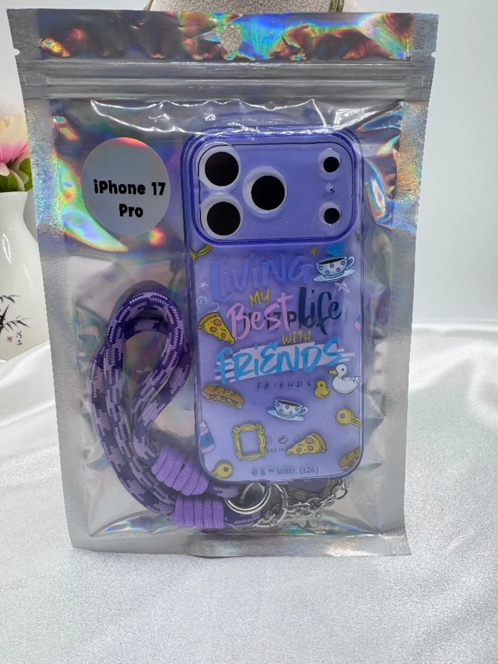 Friends TV Show iPhone 17 Pro Case w/ Wrist Lanyard & Frame Charm – Purple Clear